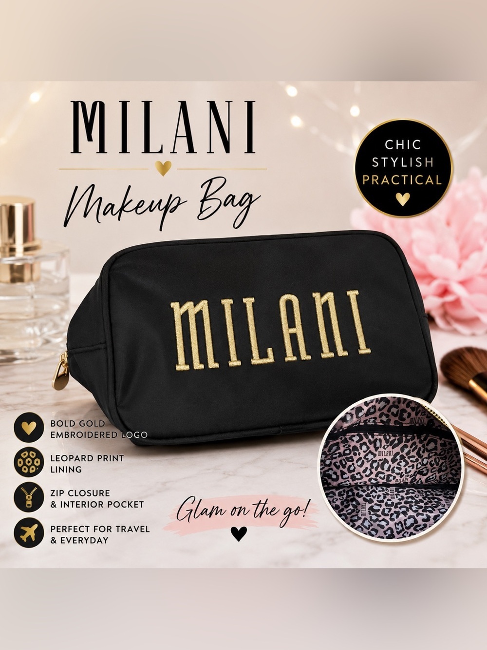 Milani Black Cosmetic Makeup Bag Gold Embroidered Logo Leopard Print Lining Zip